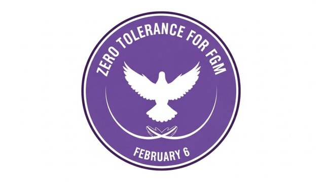 A purple and white vector graphic icon promoting zero tolerance for female genital mutilation on February 6.