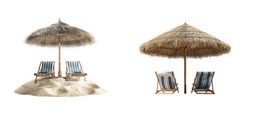 Two idyllic beach scenes with thatched umbrellas deck chairs and sand perfect for summer designs on transparent background