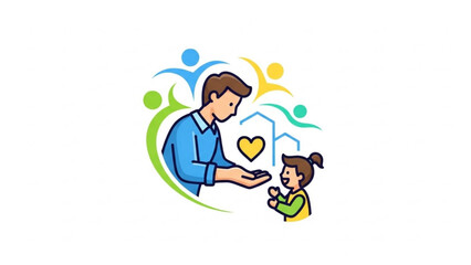 A colorful vector illustration of a man and a child surrounded by abstract shapes and a heart
