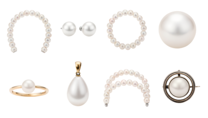 Pearl jewelry set including stud earrings, rings, necklaces, and pendants isolated. Elegant luxury accessories and bridal gemstone collection.