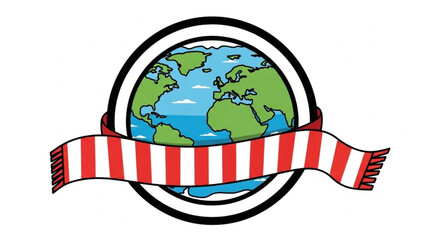 A colorful vector graphic of the Earth with a red and white striped banner wrapped around it