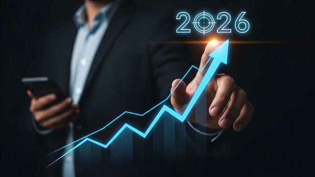 Businessman in a suit interacting with a glowing blue graph and 2026 projection on a dark background with a smartphone in hand. - Powered by Adobe