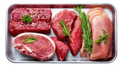 Assorted raw meats on metal tray; beef, pork, chicken with herbs, seasoning