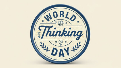A blue and white illustration of a World Thinking Day badge with a brain and lightbulb design