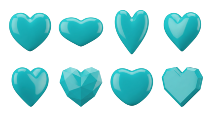 Teal heart set including glossy, long, wide, faceted, and geometric styles isolated. Romantic 3d icons for wedding and valentine design.