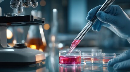 A scientist in blue gloves carefully transfers vibrant liquid from a pipette to a petri dish, surrounded by advanced lab equipment and focused on groundbreaking biotechnology research