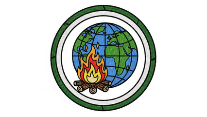 A vector graphic illustration of a globe with a campfire in front of it, symbolizing adventure and exploration.