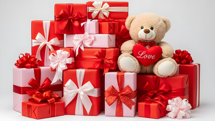 Valentine's Day Gift Pile Stack of Red and Pink Wrapped Presents with Ribbons Bows and Cute Teddy Bear Holding Love Heart Romantic Celebration High Resolution Stock Photo Wallpaper Background