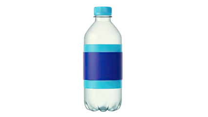Clear plastic water bottle with blue label and cap