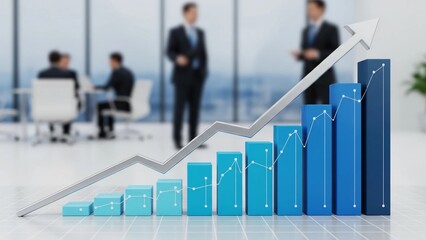 A group of businessmen analyzing a growing bar graph in a modern office