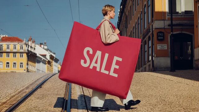 Stylish city stroll with oversized SALE placard in golden evening light, playful fashion‑meets‑retail vibe perfect for e‑commerce promos, seasonal campaigns, and energetic ads that shout dis