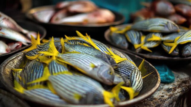 Freshly caught striped fish with bright yellow fins displayed in a metal bowl at a market, 4k video