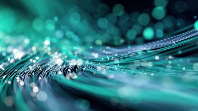 Abstract blue and teal fiber optic light trails with bokeh effect, 4k video