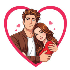 Couple hugging inside heart, isolated on white background