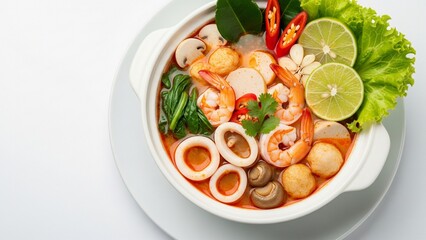 Spicy tomyam or tom yum seafood soup served in a white bowl, featuring shrimp, squid, fish cakes, leafy greens, and a rich red chili broth, garnished with fresh lime slices, red chilies, and garlic.