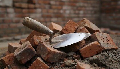 A trowel lies on a pile of broken bricks and dirt at a construction site outdoors.