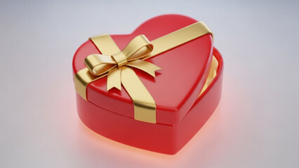 A red heart-shaped gift box with a gold ribbon and bow on a white background
