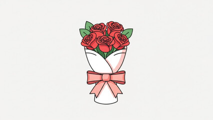 A beautiful bouquet of red roses wrapped in white paper with a pink bow