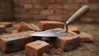 A construction worker uses a trowel to lay bricks on a dirt surface amidst broken bricks and a brick wall background.