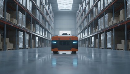 A futuristic warehouse robot navigates through rows of shelves stacked with boxes under a skylight.