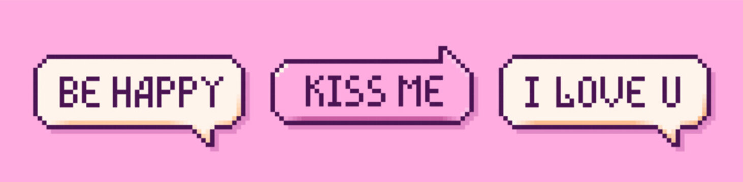 Pixel art three pink speech bubbles with the words Be mine, kiss me and I love you.