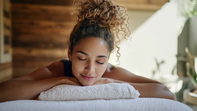Relaxed woman with curly hair in updo receiving spa treatment on massage table, 4k video