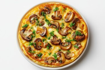 Delicious omelet filled with mushrooms and topped with melted cheese, viewed from above, showcasing a perfect blend of flavors and textures