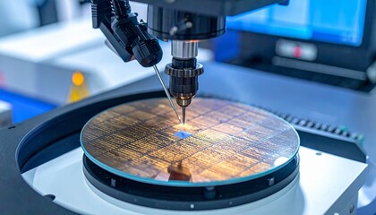 Semiconductor wafer on precision stage with probes and focused light in cleanroom testing environment