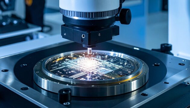 Semiconductor wafer on precision stage with probes and focused light in cleanroom testing environment - Powered by Adobe