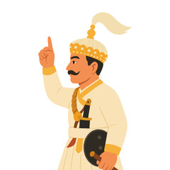 King Prithvi Narayan Shah profile illustration, Nepalese unifier in traditional military attire with sword.