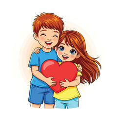 Children hugging heart isolated on white background