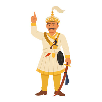 King Prithvi Narayan Shah illustration, Great Unifier of Nepal historical figure in traditional Gorkhali dress.