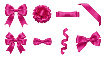 Magenta pink satin ribbon set including gift bows, flower rosettes, curled streamers, and straight bands isolated. Decorative holiday and celebration collection.