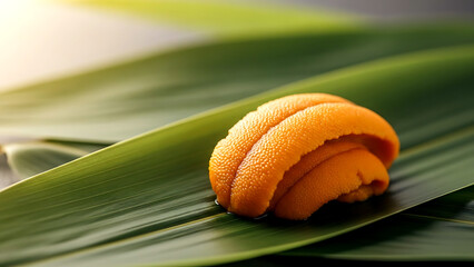 Wabi-sabi luxury of a solitary piece of fresh sea urchin (uni) resting on a young bamboo leaf, its orange texture contrasting with pale green surface 