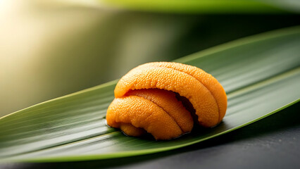 Wabi-sabi luxury of a solitary piece of fresh sea urchin (uni) resting on a young bamboo leaf, its orange texture contrasting with pale green surface 