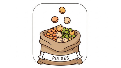 A vector graphic illustration of a burlap bag filled with various pulses and legumes