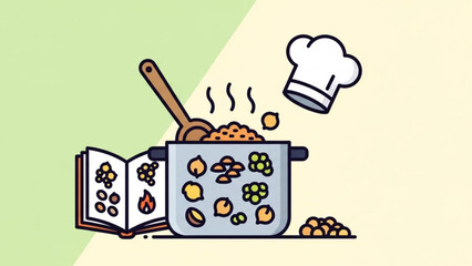 A vector graphic illustration of a pot with food and a chef's hat