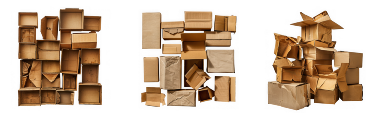 A collection of stacked and scattered cardboard boxes in various sizes and shapes on transparent background