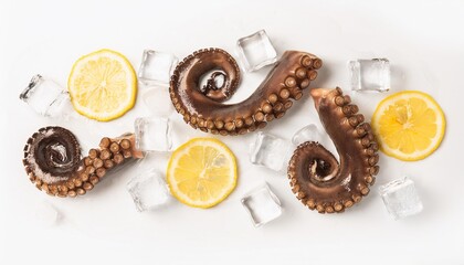 Octopus tentacles with fresh lemon and ice cubes