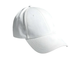 A pristine white baseball cap, slightly angled against a black backdrop