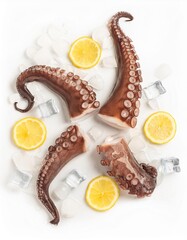 Raw octopus tentacles with lemon on ice