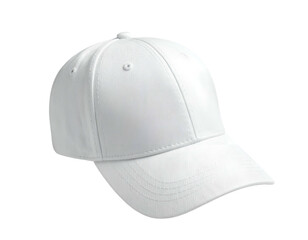 A pristine white baseball cap, isolated on a stark black background