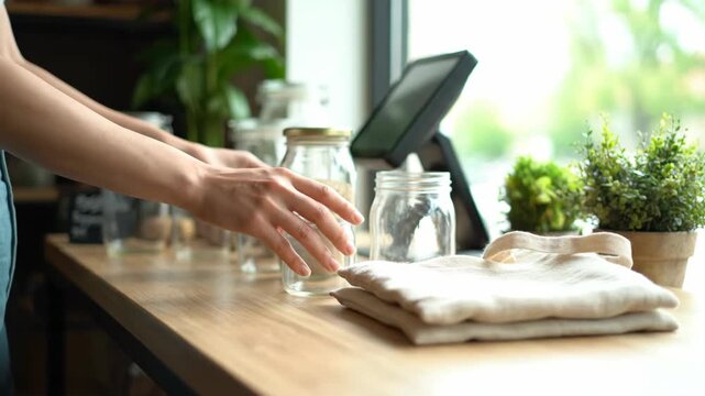 A person folding laundry on a wooden table near a window with plants in the background