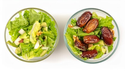 Healthy green salad bowls with dates avocado nuts
