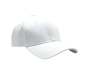 A pristine white baseball cap, a classic headwear item, presented on black