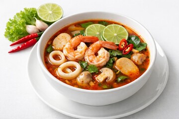 Spicy tomyam or tom yum seafood soup served in a white bowl, featuring shrimp, squid, fish cakes, leafy greens, and a rich red chili broth, garnished with fresh lime slices, red chilies, and garlic.