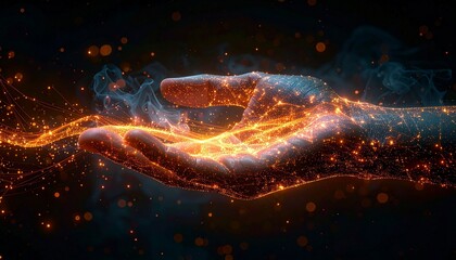 Futuristic glowing hand made of blue and orange particles, palm up against dark background, symbolizing human-tech fusion