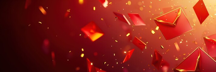Chinese new year celebration with red envelopes and gold confetti for festive greeting card design. Horizontal banner. Copy space. Red envelope hongbao on a red background
