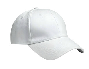 Plain white baseball cap angled, shadows show form, isolated on black