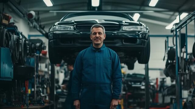A skilled automotive technician smiles confidently in a workshop. Tools and cars surround him in the busy garage environment. He embodies teamwork and expertise. Generative AI